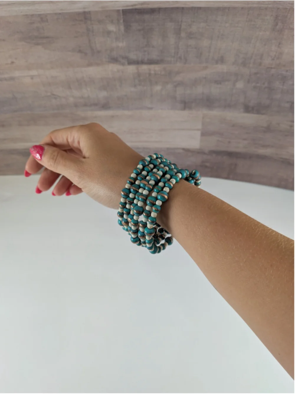 Women's Teal & Cream Beaded Coil Bracelet One Size
